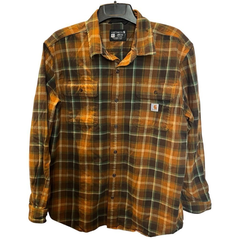 Carhartt Men's Flannel Button Down Shirt Rust/Green Multi Plaid Size Large